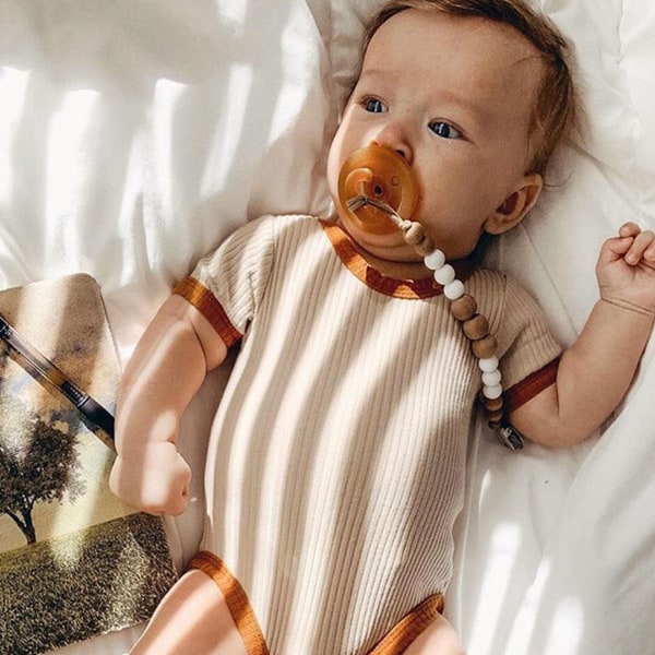 Kortärmad baby Ribbstickad rund hals Mjuk Bekväm Andas med ren färg triangel spädbarnsbody för Sunmer 90cm / 35,4in