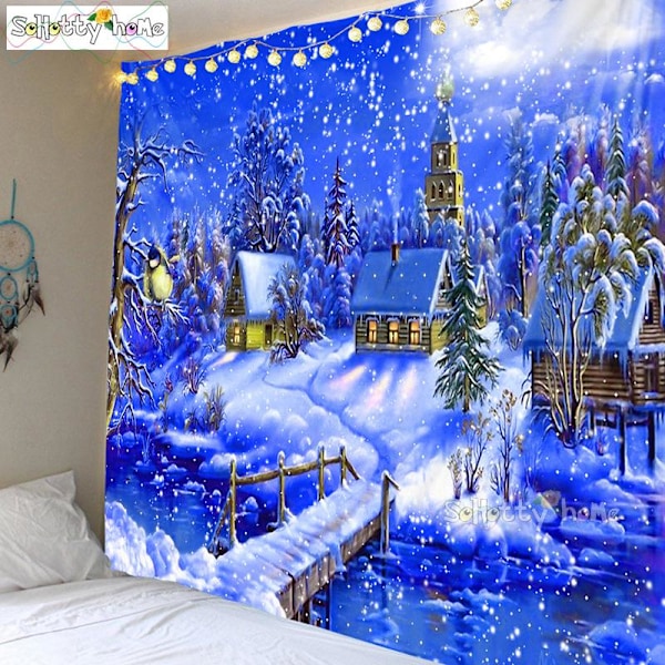 Blå Himmel och Snö Väggbonad Julväggbonad Trädväggbonad Underbar Julgran Eldstadspresenter Matches the image 95x73cm