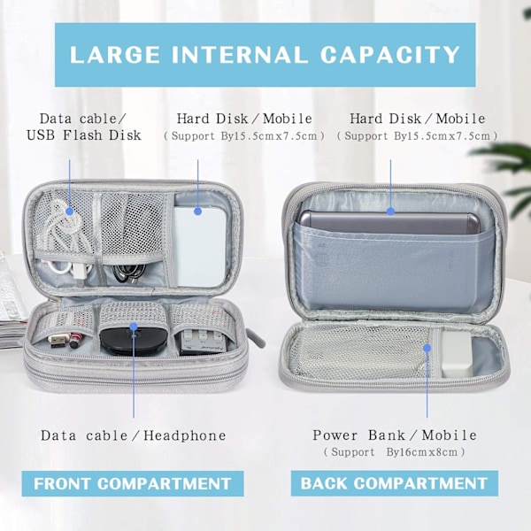 Dubbellagers väska för elektroniktillbehör, kabelorganiserare, universell reseväska för prylar, kablar, powerbank, USB-minne, laddare, hårddisk A-grey