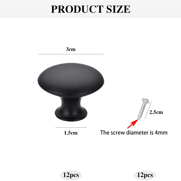 12 delar 30 mm runda skåpknoppar, svarta solida knoppar Handtag Vintage skåpknoppar med 12 skruvar för möbellåda Garderober badrum