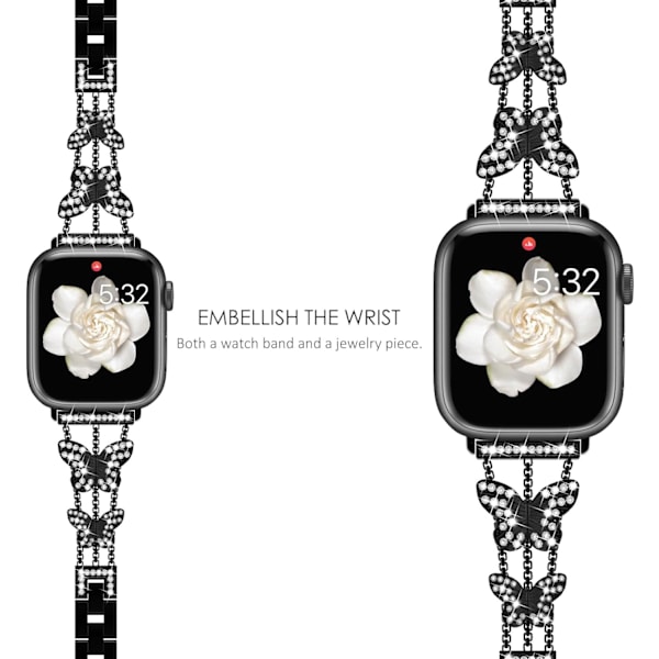Armbånd kompatibelt med Apple Watch for kvinner, glitrende sommerfugldesign, moteriktig metall bling rustfritt stål lenkearmbånd, erstatningsarmbånd svart Black 38/40/41mm