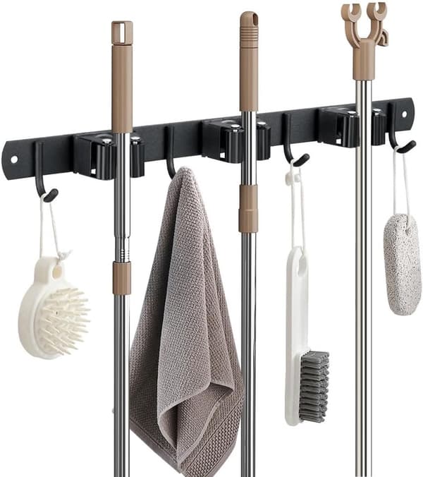 Kost- og moppeholder til vægmontering, rustfri stålholder med 3 stativer og 4 kroge, skridsikker kostophæng til køkken, garage, vaskerum, sort
