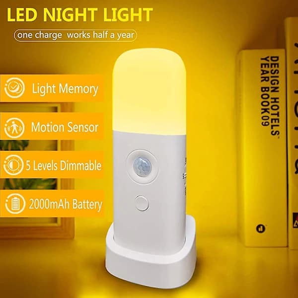 Bevegelsessensorlampe for innendørs bruk med base, USB-oppladbart batteri 2000 mAh, dimbar