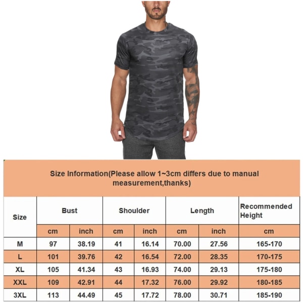 Sportsskjorte for menn Hudvennlig Hurtigtørkende Pustende Komfortabel T-skjorte med rund hals for løping Yoga Black Camouflage XL