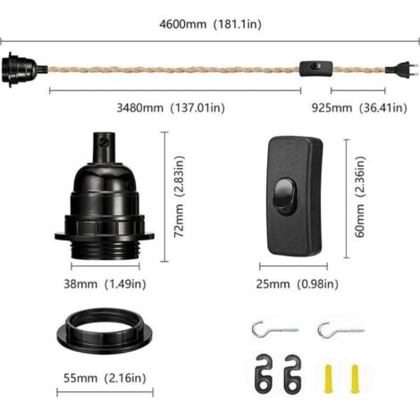 Lustre Corde, Retro E27-sockel med 4,5 meter elkabel och strömbrytare, för sladdupphängd lampa (glödlampa ingår ej), Superma,.pa