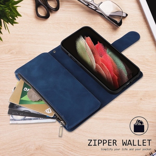 Kompatibel med Samsung Galaxy A52 5g/4g Etui Magnetisk Læder Lynlås Pung Kortholder Etui Til Samsung Galaxy A52 5g/4g Blå.pa