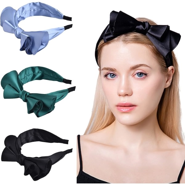 Hårband for kvinnor i fransk stil, hårbygel med elastisk band med elegant fluga, skönhetstillbehör för flickor för kvinnor, 3 st - blå & grønn & svart