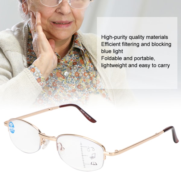 Multifokale progressive presbyopiske briller Blått lysblokkerende lesebriller for menn kvinner (+200 gullramme)