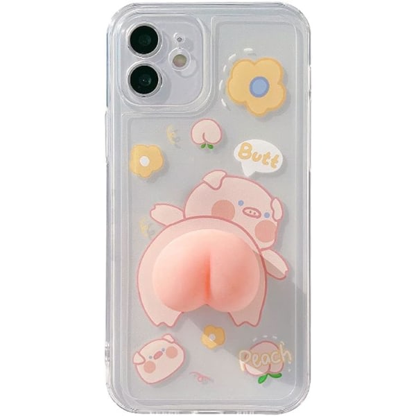 iPhone 14, rolig nyhet Viftande 3D-pressbar persikarumpa Piggy- case Transparent Mjuk TPU- case Hjälp Slappna av