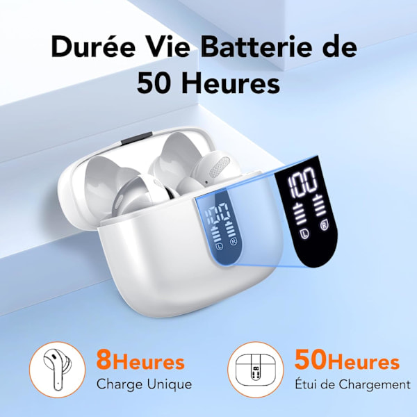 Paris Trådlösa Hörlurar, 50 timmars speltid, Bluetooth 5.3-hörlurar, In-Ear med 4 ENC brusreducerande mikrofoner, 85% basförstärkning