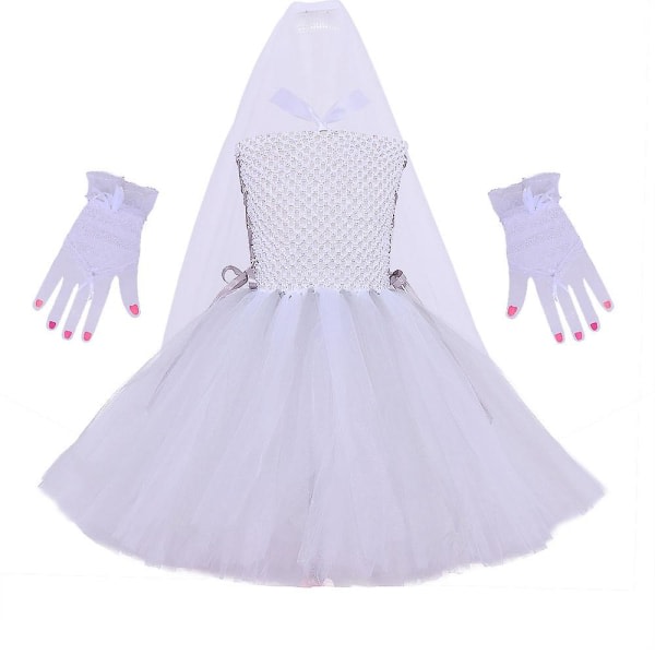 2-12 år Barn Flickor Spökbrudklänning Slöja Cosplay Kostym Finklänning Kläder Set med handskar Halloweenfestpresenter 2-3Y