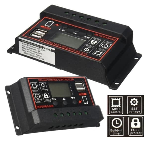 Paris_MPPT 12V/24V Solcelleladeregulator USB Solpanel Regulator 20A