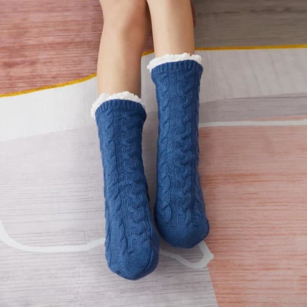 Varma stickade strumpor halksockor tjocka vinterstrumpor inomhus blå One Size