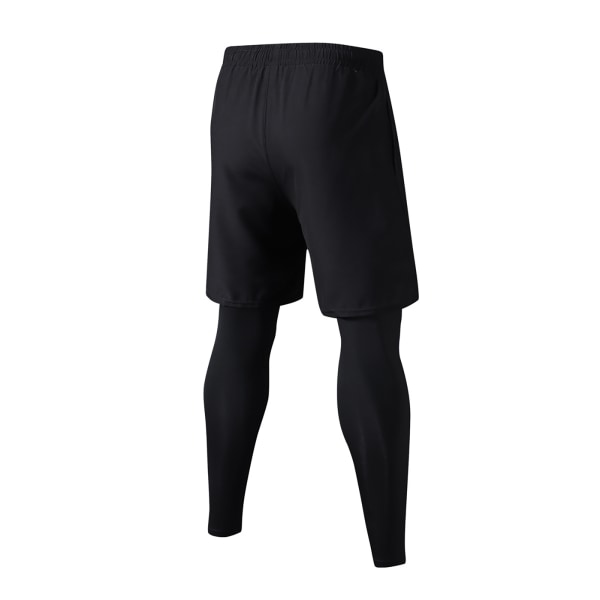 Herr 2 i 1 Athletic Leggings Löparbyxor Stretchiga Snabbtorkande träningsbyxor med fickor för utomhussport Svart Svart XXL