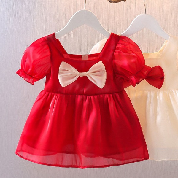 Baby mekko muoti punainen lyhythihainen rusetti lasten prinsessamekko syntymäpäivän hääjuhliin 80 cm