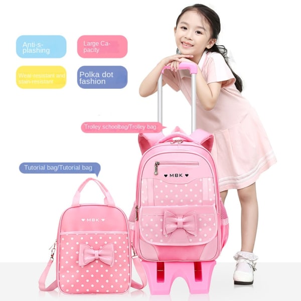 Skolväska i koreansk stil 1-3-5-6 klass barnvagn skolväska flickor 6-9-12 år gammal ryggsäck Pink (school bag) / two flash wheels