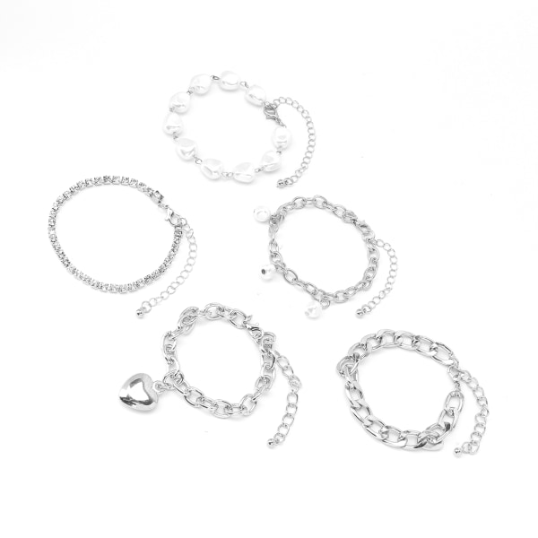 5 stk Elegant armbåndsett imiterte perler Hjertelegering Justerbart Fasjonabelt Hip Hop-armbånd Sølv
