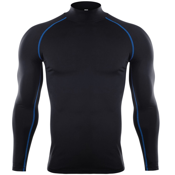 Herrskjortor med hög elastisk kompression Långärmad sporttröja för atletisk träningströja Svarta och blå linjer L