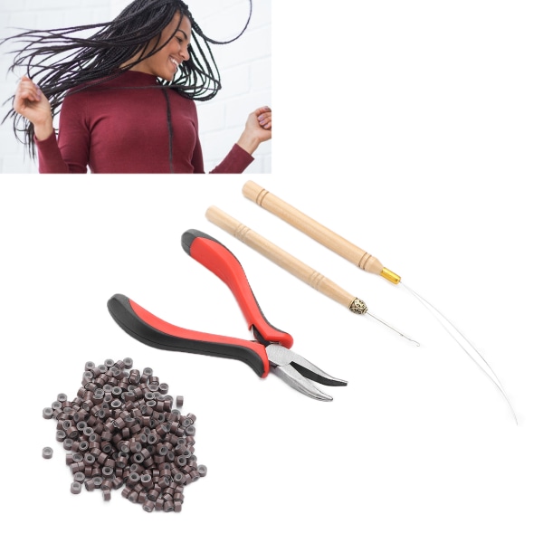 Hair Extension Kit Tang Trekkkrok Nål Extension Beads Verktøysett for å forlenge håret (3# Plier 2 Hook Needle 500 Rings)