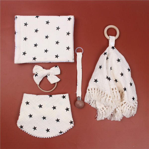 Baby 5-delars set för nyfödda - Mjölkburk, Rapduk, Topp, Lugnande filt, Salivhandduk, Nappklämma, Hänge, Babyhårband XINGX