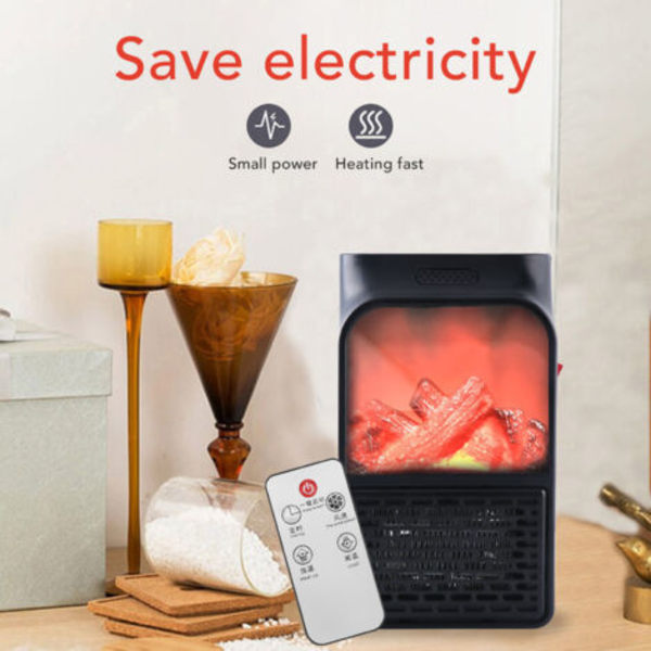 Bærbar elektrisk keramisk varmeovn, 900W, liten vifte, PTC, for peis, med simulert flamme, EU-plugg.pa