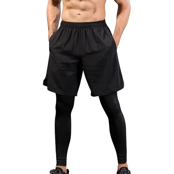 Mænd 2 i 1 atletiske leggings Løbebukser Stretchy Hurtigtørrende træningsbukser med lommer til udendørs sport Sort Sort XXL
