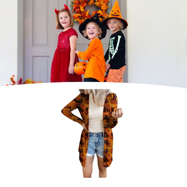 Åben frontklud til kvinder Halloween letvægts blød langærmet front åben sweater top afslappet outwear frakke til efteråret Halloween fest Orange L