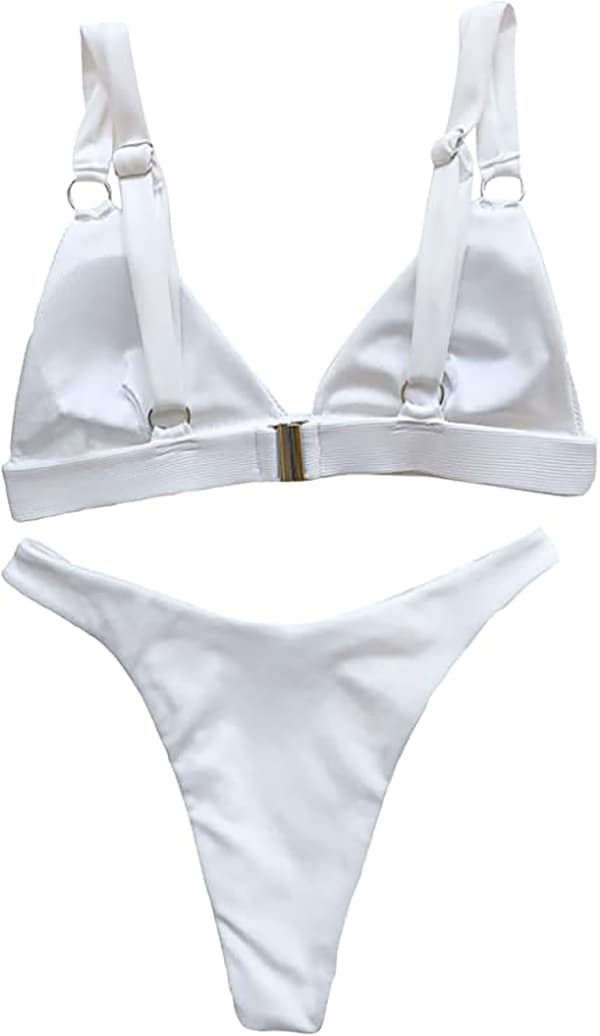 Ribbad ringdetaljerad bikini med hög hals