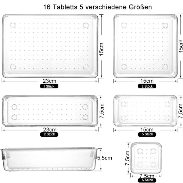 Oppbevaringsboks 16 deler organiseringsboksesett, akryl organiseringssystem (16 deler), stablebar, transparent oppbevaringsboks uten lokk