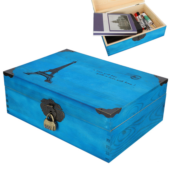 Enkel stasjonær oppbevaringsboks av tre Kosmetikk smykker dokumentarrangørveske med lås blå