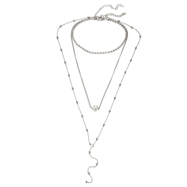 Mode Kvinder Pige 3 Layer Chain Simulated Pearl Pendant Halskæde Delikate smykker (sølv)