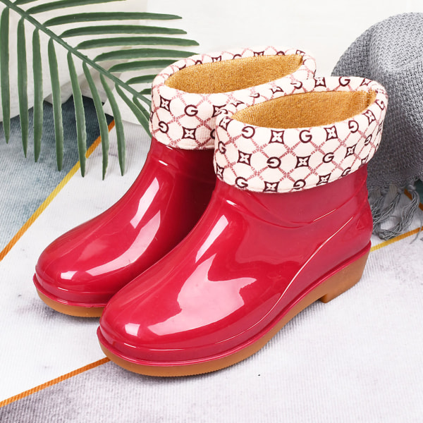 Dame regnstøvler Mode skridsikre kort regnstøvle Rundt hoved Radian PVC plast regnstøvler rød polstret 38