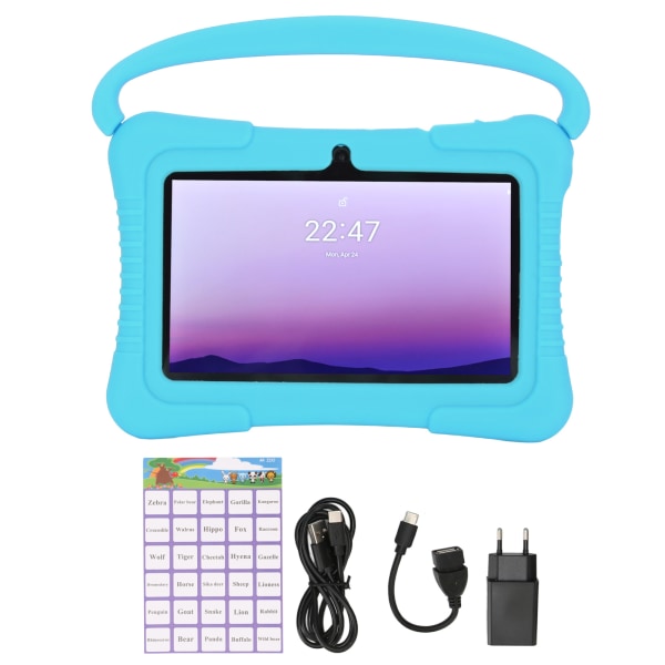 7-tums surfplatta för barn 2 GB 32 GB fyrkärnig processor Dubbelkamera 3D-designad toddler -surfplatta med cover för Android 10 110?240V blå EU-kontakt
