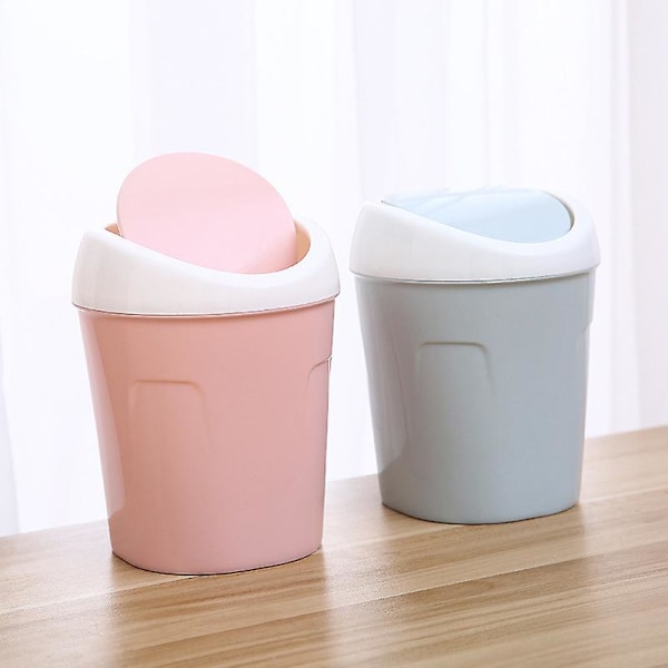 3 Mini Plastskräpburkar, Liten Skrivbordspapperskorg med Rotationslock, för Hem, Kontor, Kök, Toaletbord, Sovrum, Badrum (Blå+Grön+Rosa)