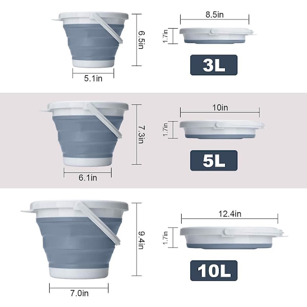 Sammenleggbar silikonbøtte, plassbesparende bøtte for rengjøring hjemme, camping, fiske, hage og reiser - Bærbar vannbærer (grå, 10l)