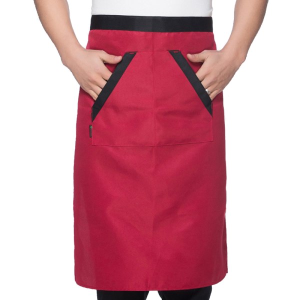 2stk Kokkemidjeforkle Myk Fuktighetsabsorberende Pustende Polyester Halvforkle for menn med lommer til Hotel Restaurant Bar Rød