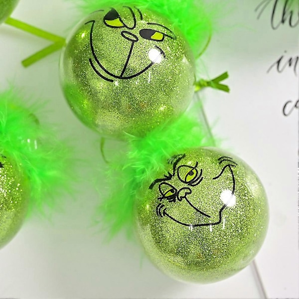 12 st Grinch-prydnader Söta Grinch-hängande prydnadskulor med fluffigt grönt hår glitter trädbollar för semesterdekoration