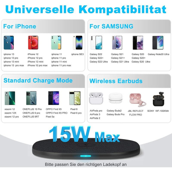 Nopea langaton laturi, Qi induktiivinen latausalusta iPhone 13 Pro/12/11/X/xr/8, Samsung Galaxy s21/S20/s10, Note 20/10 ultra ja Huawei p30—PA