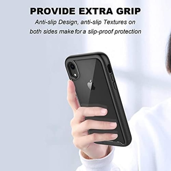 SQBB CellEver Transparent Skal för iPhone XR, robust skydd med halkfri TPU-stötfångare och [2 skärmskydd i härdat 9H glas] Svart