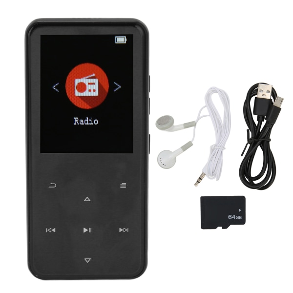MP3-spiller 2,4 tommer Smart HD-støyreduksjon Touch-knapp FM-radio 16GB Bluetooth 5.0 musikkspiller med minnekort Svart 64GB minnekort