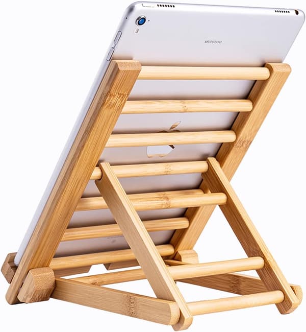 Sammenleggbart stativ i bambustre for nettbrett, kompatibelt med iPad,