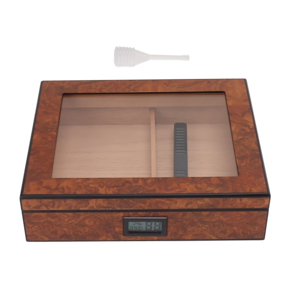 Sigar Humidor Box Bærbar Cedar Wood Glass Top Sigar Oppbevaringskasse med Digital Hygrometer Brun