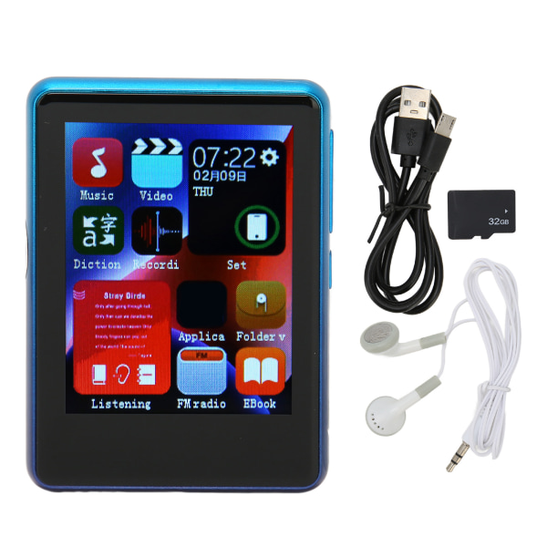 MP3-spelare Bluetooth 5.0 HD Full Touch Screen Support Spela in musikspelare med FM-radio Elektronisk bokhögtalare Blå 4+32GB (minneskort)