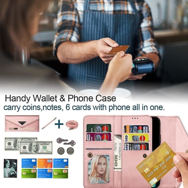 Yhteensopiva Iphone Se 2020/8/7 Case Avtagbar Crossbody Halsrem Neckfodral Dragkedja Case Axel Med 6 korthållare Cover Premium Pu Leat Pink