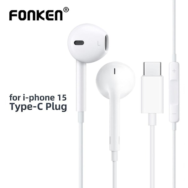 Fonken langalliset kuulokkeet IPhone 15 Pro Max -puhelimelle, in-ear nappikuulokkeet, Type-C liitin, mikrofoni, basso, stereoheadset, ei Bluetooth