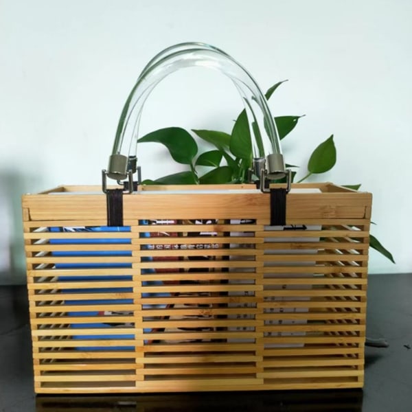 Fashionabla bambu handväska sommar elegant rektangulär ihålig tygväska med akryl handtag för shopping