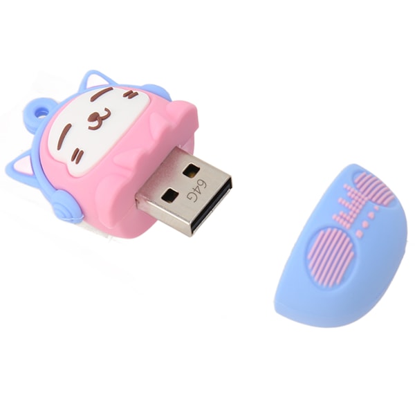 Tegneserie Flash Drive PVC USB2.0 Cat Pattern Plug and Play Stødsikker U Disk til Telefon Laptop Pink Blå 64g