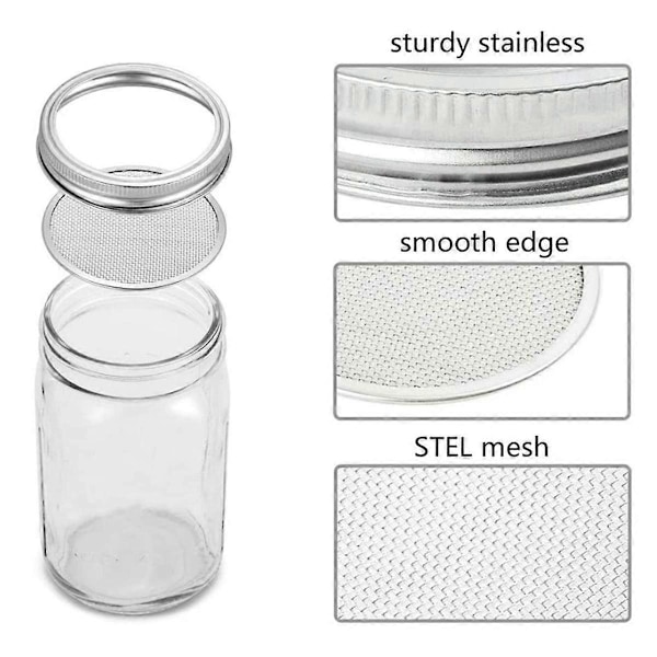 4-pak Rustfri Stål Spireglaslåg til Brede og Ekstra Brede Mason Glas til Dyrkning af Spirer.pa