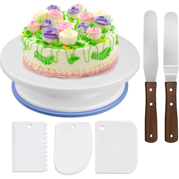 Roterande tårtfat, tårtställ, vridbord, plåt för att dekorera tårtor med 2 stycken kantiga set, för bakning av bakverk, mönster 28x7 cm vit