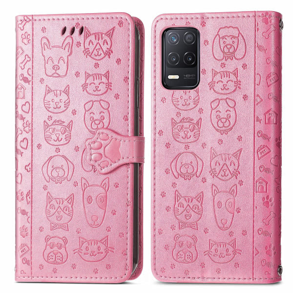 Etui til Realme V13 Flip-plånbok præglat cover Etui Housse Katt Hundmønster - Rosa
